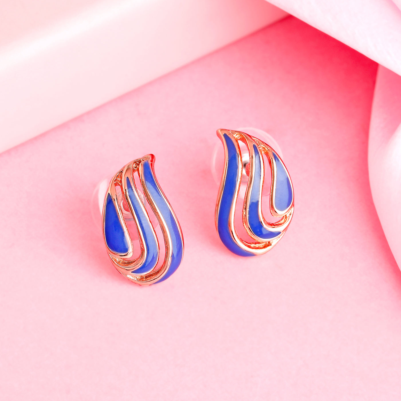 Estele Rose Gold Plated Leaf Designer Stud Earrings with Blue Enamel for Women