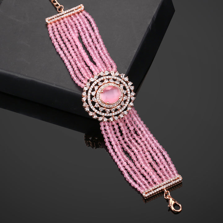 Estele Rose Gold Plated CZ Sparkling Multi-Layered Bracelet with Mint Pink Stones for Women