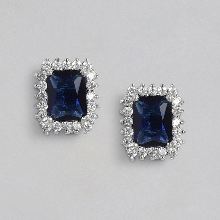 Estele Rhodium Plated CZ Square Shaped Pendant Set with Blue Stones for Women