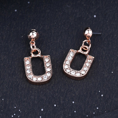 Estele Rose Gold Plated Magnificent Medium 'U' Letter Earrings with Crystals for Women