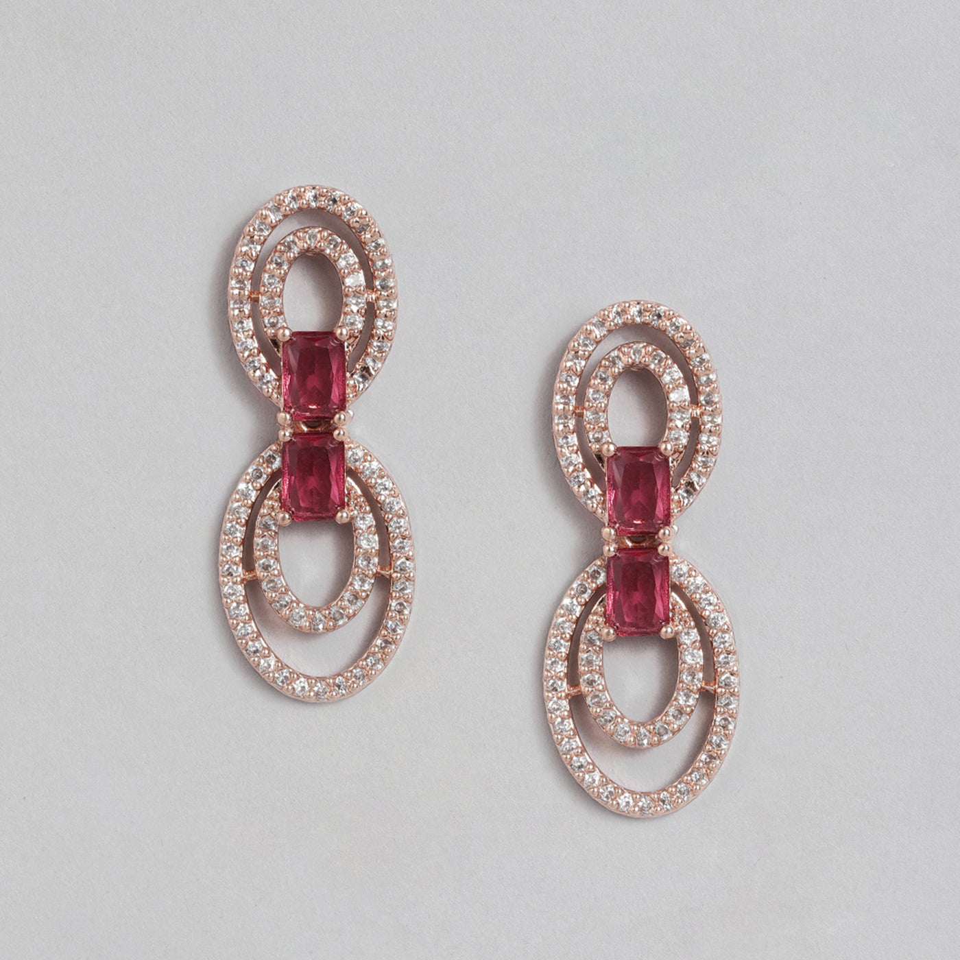 Estele Rose Gold Plated CZ Circular Designer Necklace Set with Tourmaline Pink Stones for Women