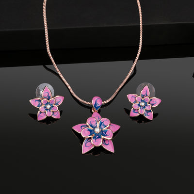 Estele Rose Gold Plated Flower Shaped Necklace Set with Enamel for Women