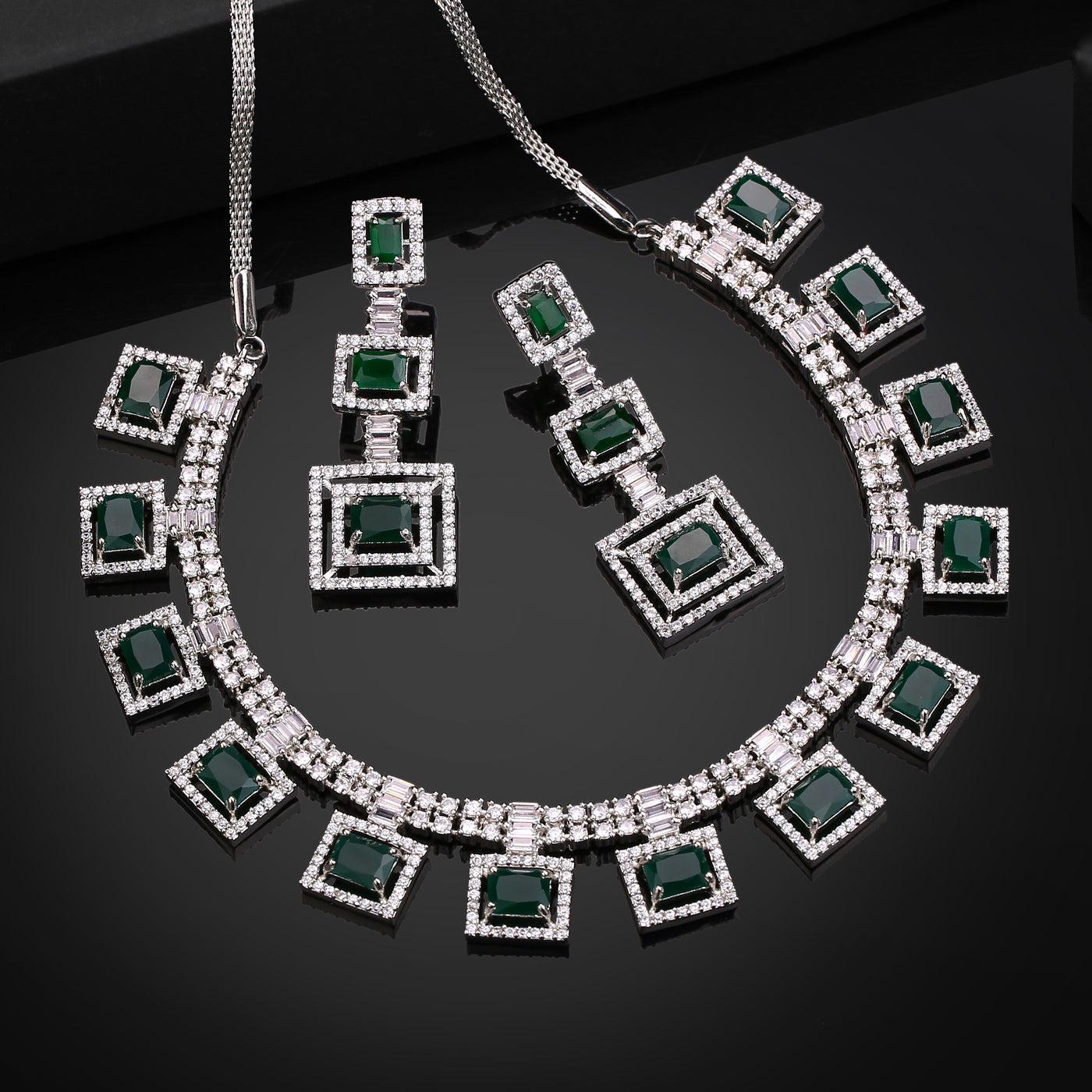 Estele Rhodium Plated CZ Geometric Designer Necklace Set with Emerald Crystals for Women