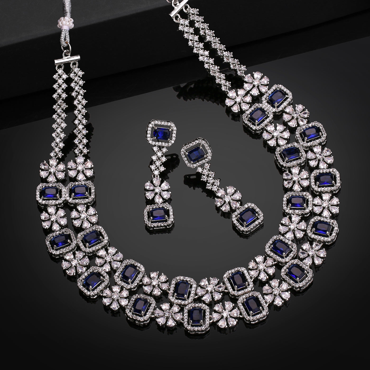 Estele Rhodium Plated CZ Astonishing Double Layered Necklace Set with Blue Stones for Women