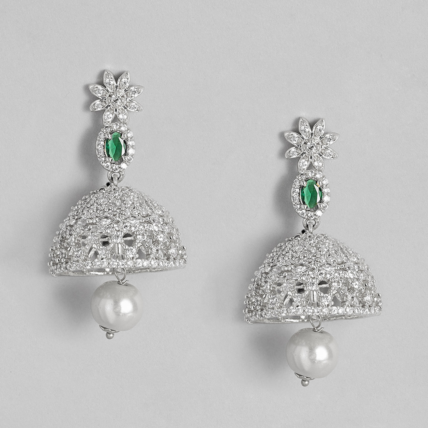 Estele Rhodium Plated CZ Floral Designer Bridal Choker Necklace set with Pearl & Color Stones for Women