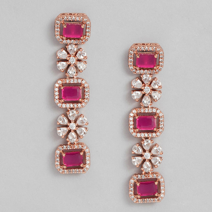 Estele Rose Gold Plated CZ Dazzling Three Layered Dulhan Necklace Set with Ruby Stones for Women