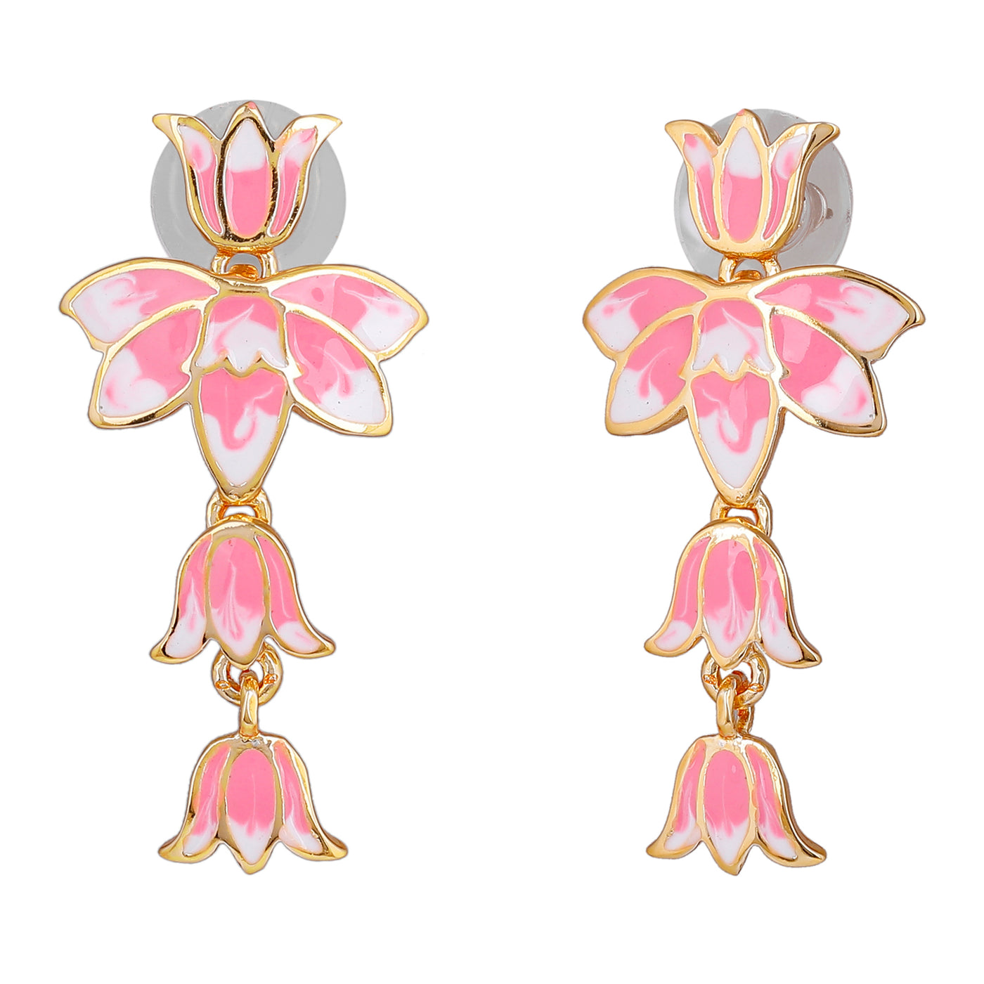 Estele Gold Plated Pink Enamelled Lotus Designer Drop Earrings for Girl's & Women