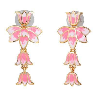 Estele Gold Plated Pink Enamelled Lotus Designer Drop Earrings for Girl's & Women