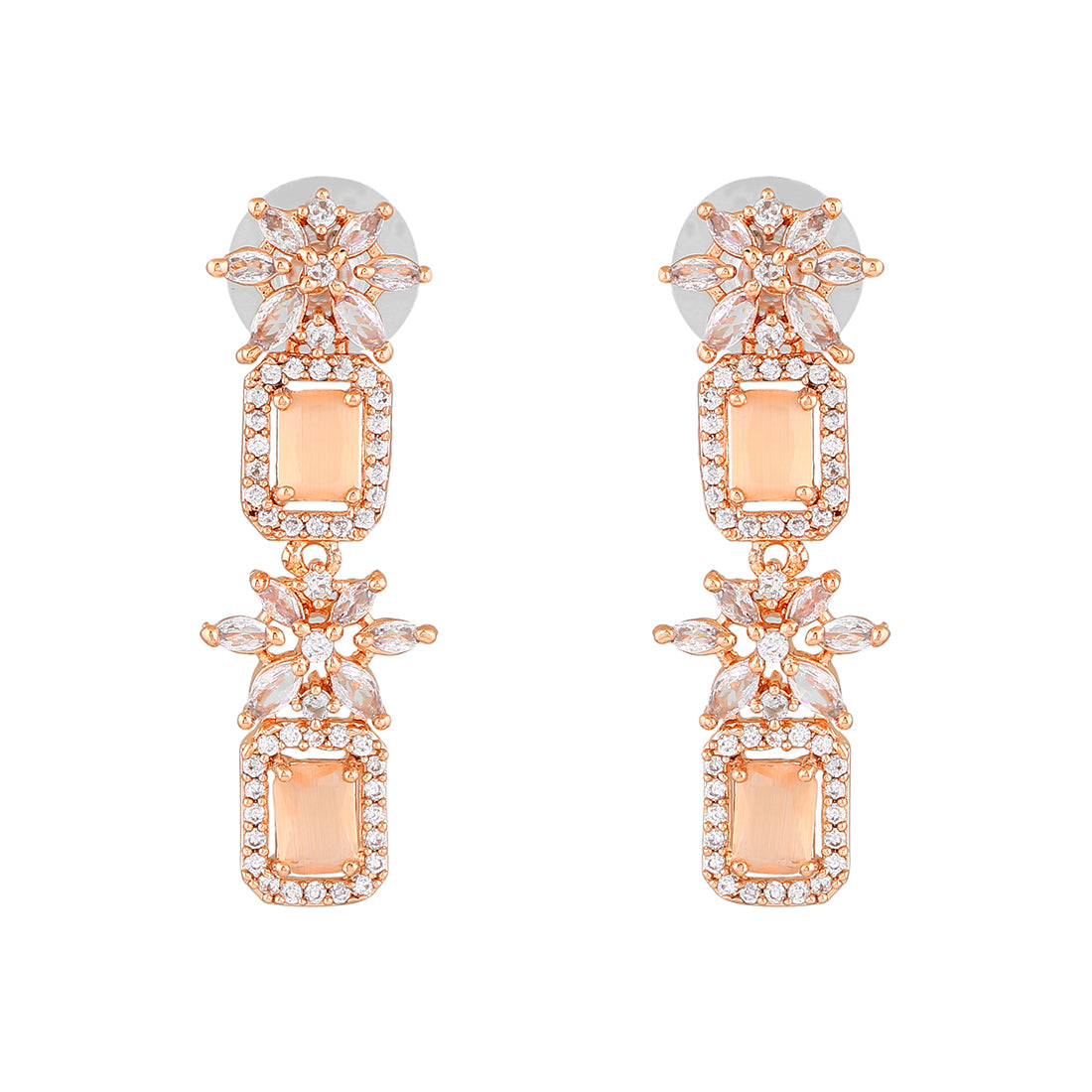 Estele Rose Gold Plated CZ Scintillating Drop Earrings with Mint Orange Crystals for Women