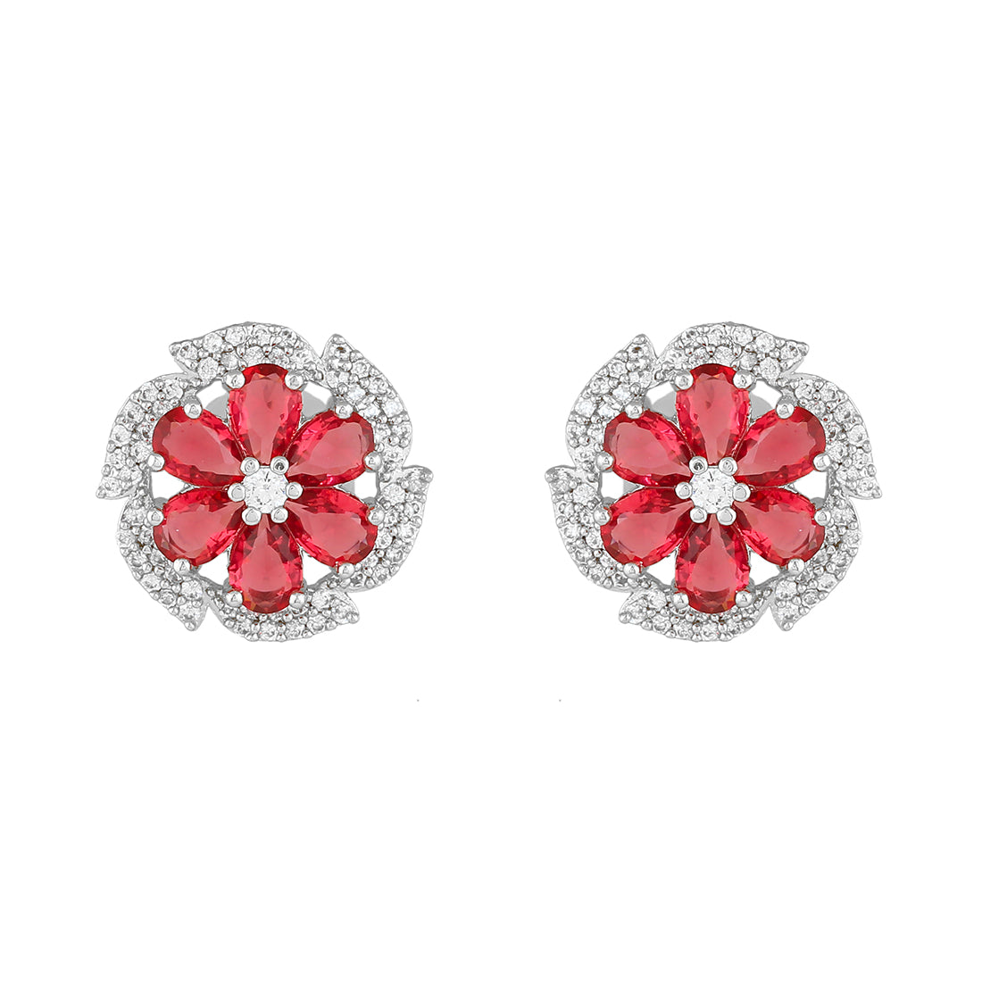 Estele Rhodium Plated CZ Lovely Blossom Stud Earrings with Tourmaline Pink Stones for Women