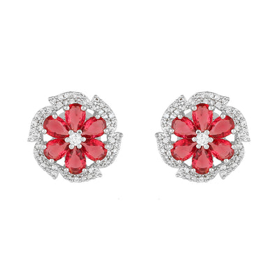 Estele Rhodium Plated CZ Lovely Blossom Stud Earrings with Tourmaline Pink Stones for Women