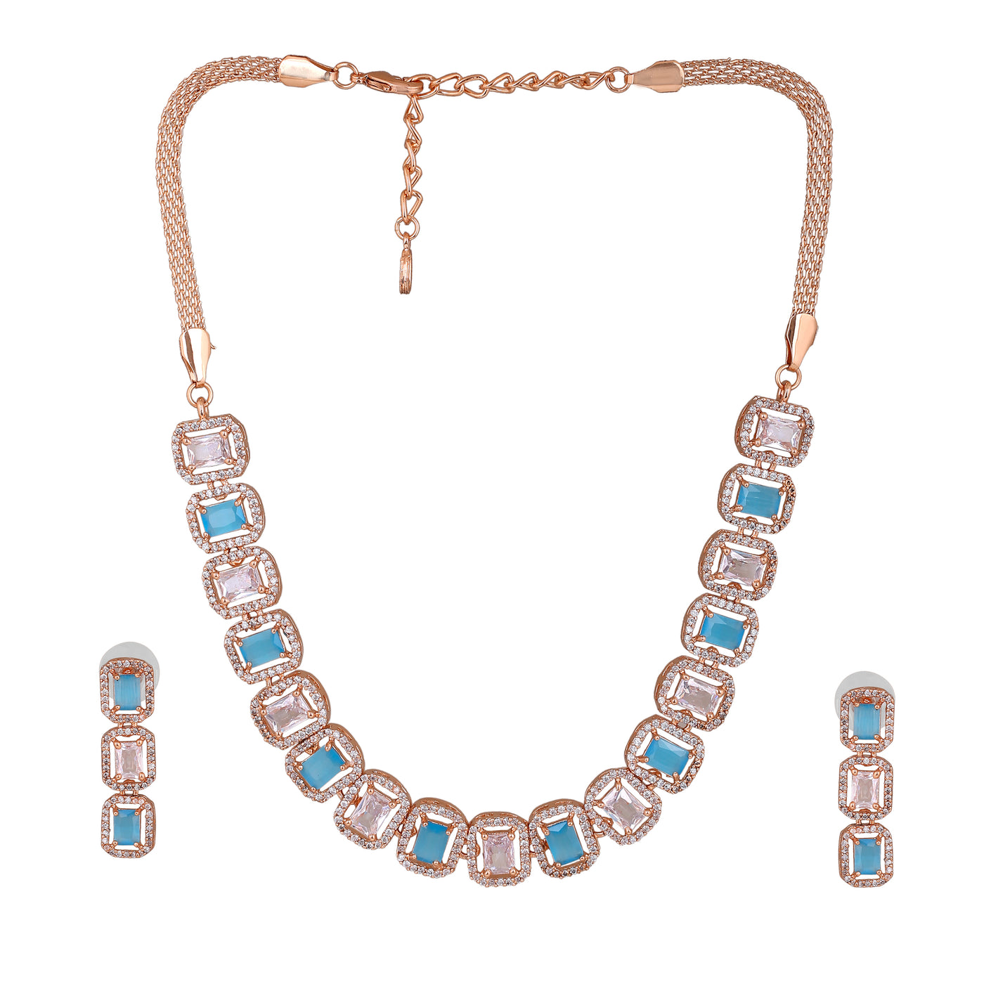 Estele Rose Gold Plated CZ Elegant Neklace Set with Turquoise Blue for Women