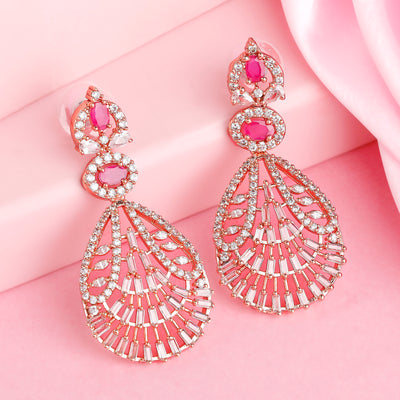 Estele Rose Gold Plated CZ Dazzling Designer Earrings with Ruby Crystals for Women