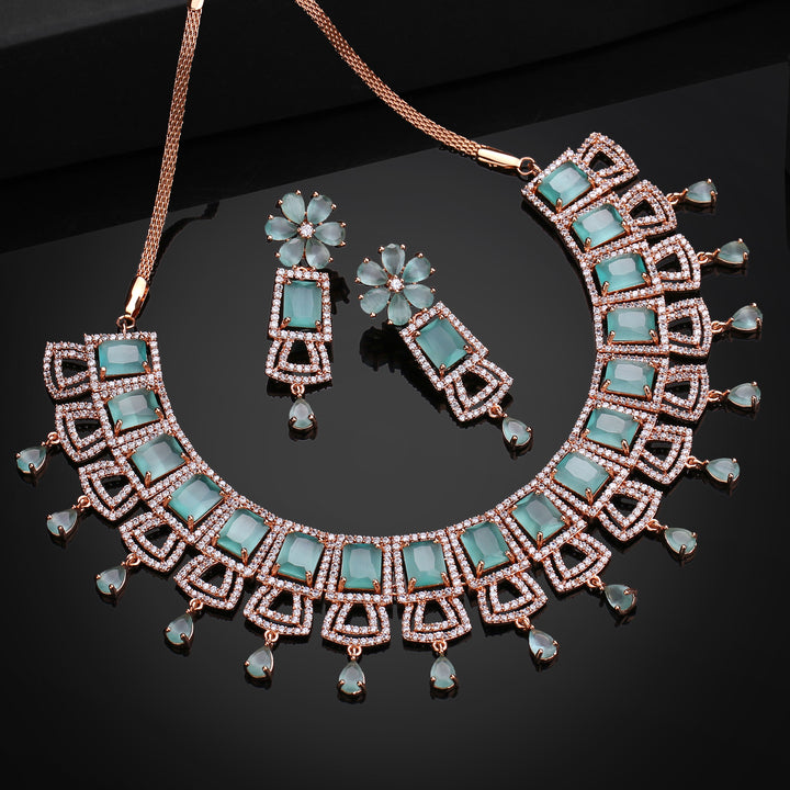 Estele Rose Gold Plated CZ Glimmering Dulhan Necklace Set with Mint Green and White Crystals for Women