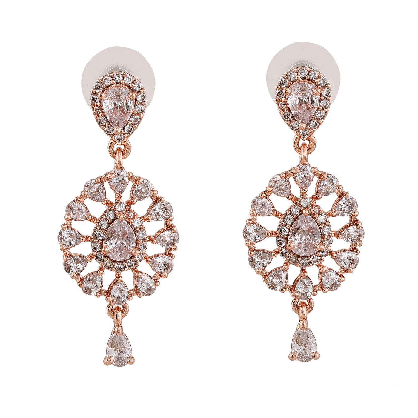 Estele Rose Gold Plated CZ Flower Designer Drop Earrings for Women