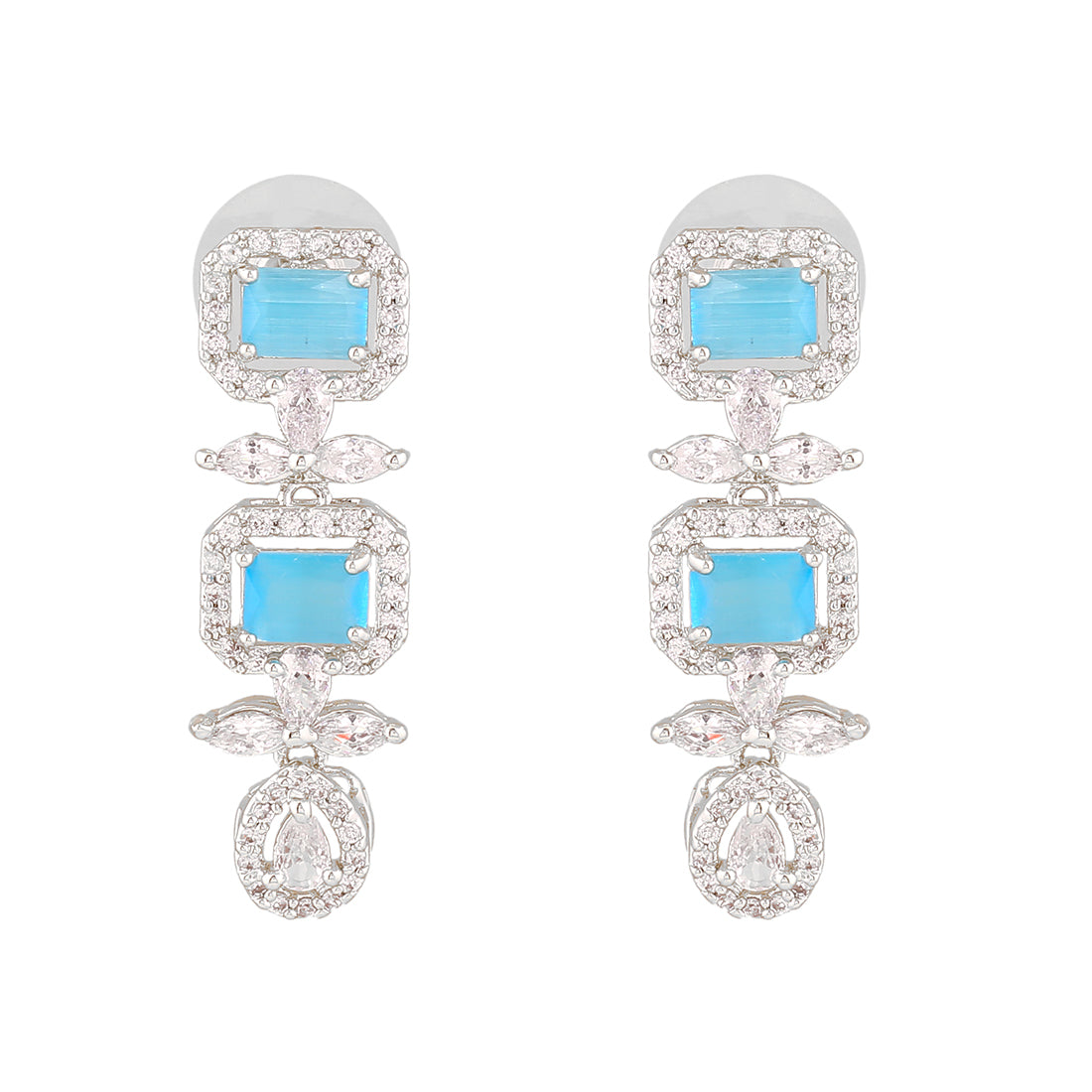Estele Rhodium Plated CZ Magnificent Earrings with Mint Blue for Women