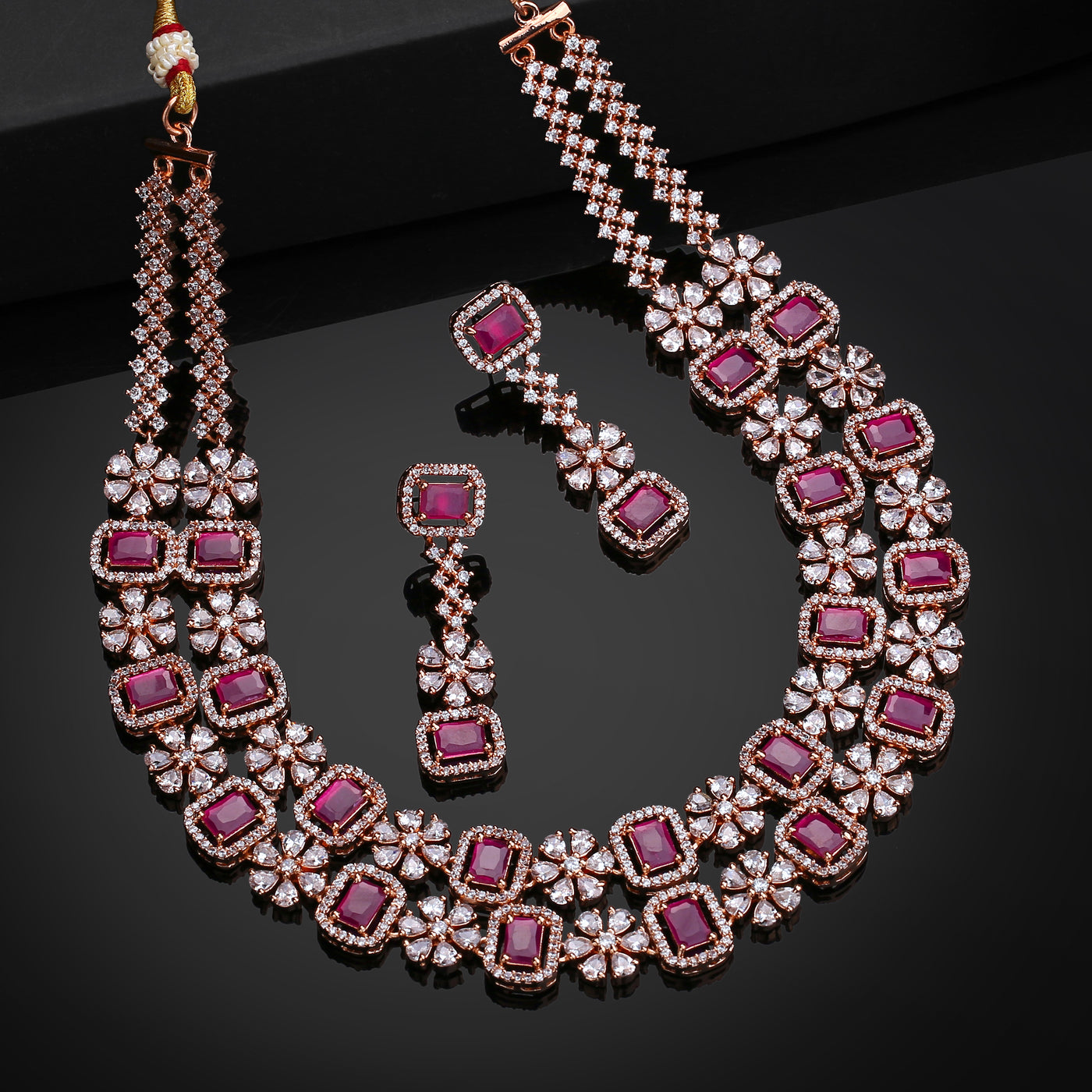 Estele Rose Gold Plated CZ Sparkling Two Layered Dulhan Necklace Set with Ruby Stones for Women