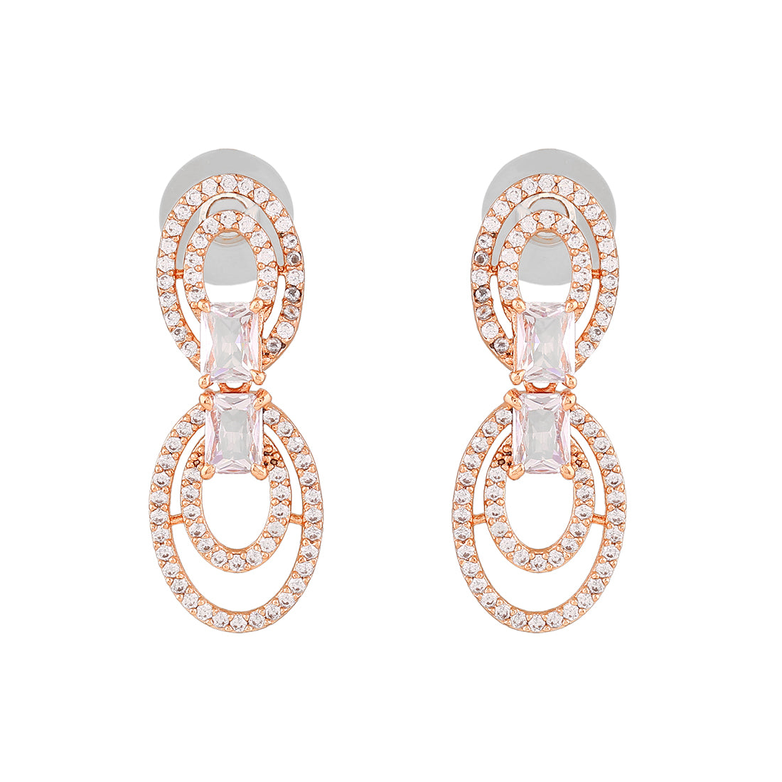 Estele Rose Gold Plated CZ Circular Designer Drop Earrings for Women