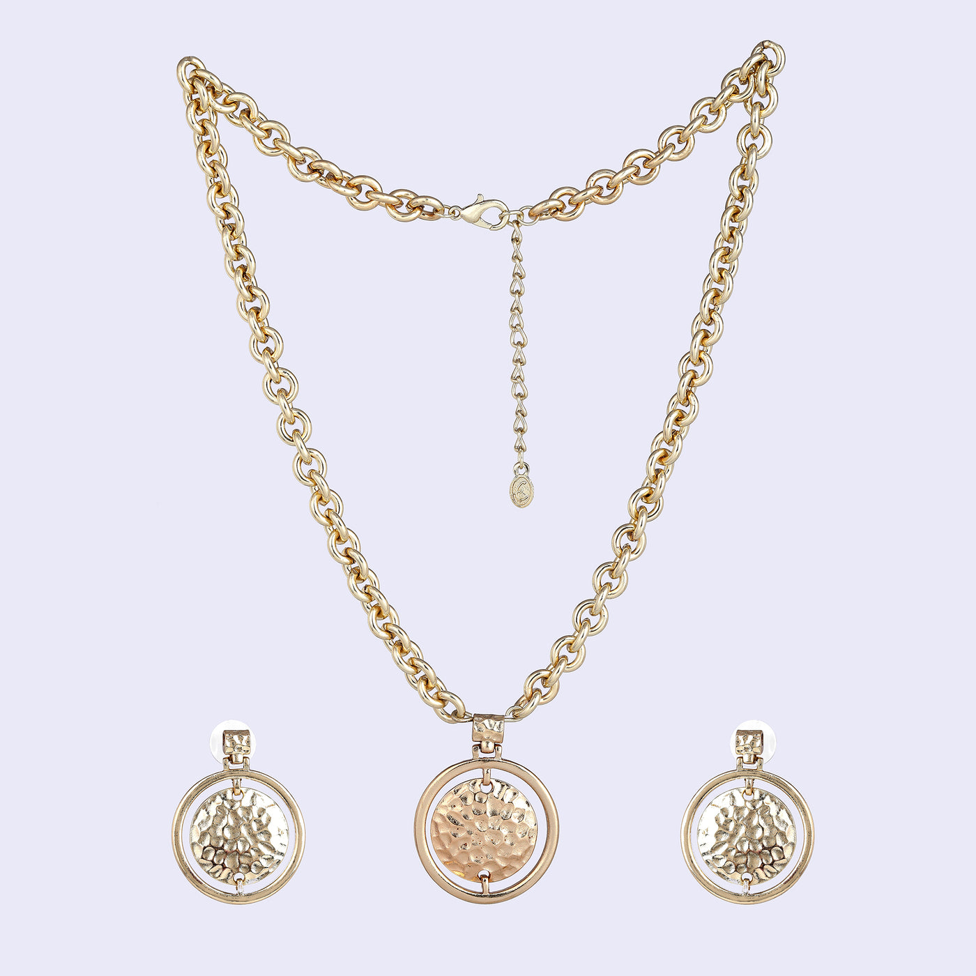 Estele Gold Tone Dual Round Shaped Beaten Gold Necklace Set for Women