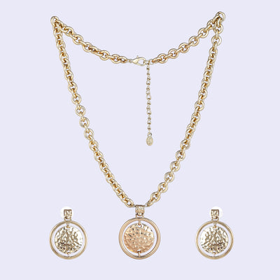 Estele Gold Tone Dual Round Shaped Beaten Gold Necklace Set for Women