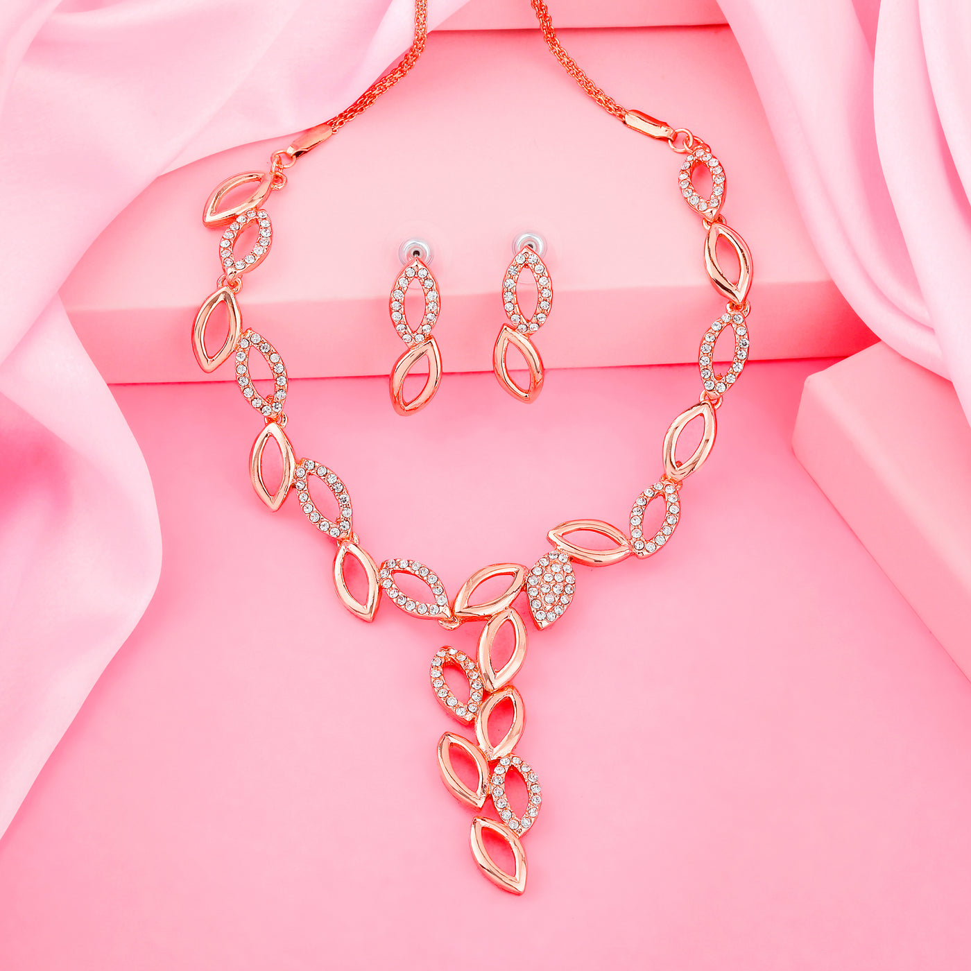 Estele Rose Gold Plated Leaf Designer Necklace Set with Crystals for Women