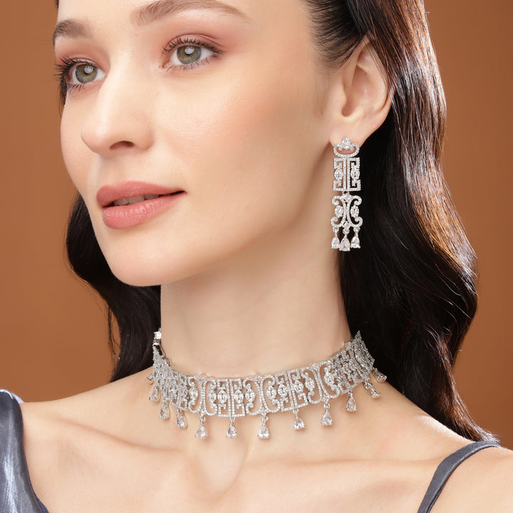 Stunning and Elegant Slim Diamante Rhodium Plated Choker set (one piece)