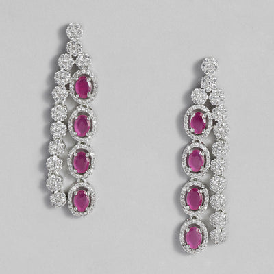 Estele Rhodium Plated CZ Fascinating Drop Earrings with Ruby Crystals for Women