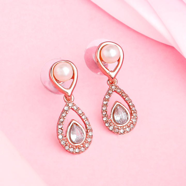 Estele Rose Gold Plated Scintillating Drop Earrings with Crystals & Pearl for Women