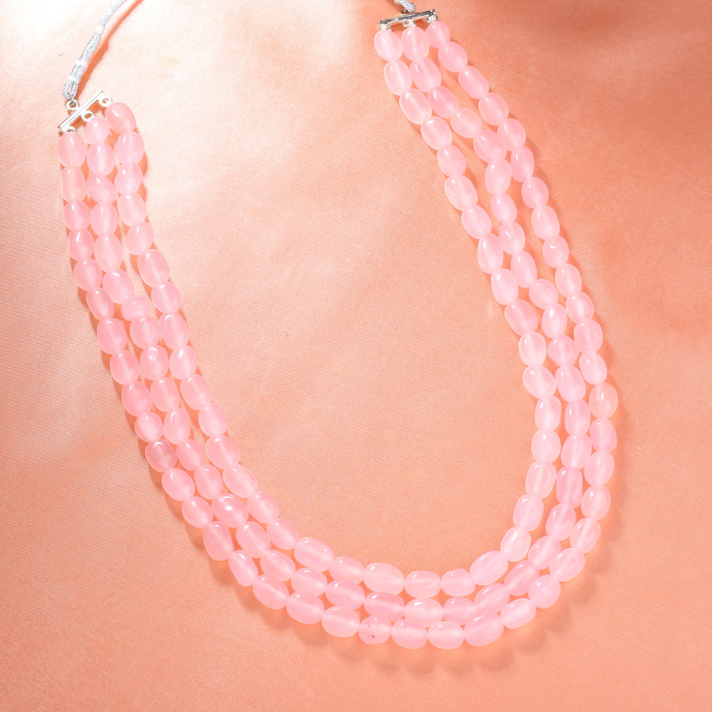 Estele Rhodium Plated Beautiful Designer Three Layered Necklace with Mint Pink Beads for Girls/Women