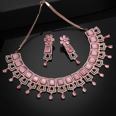 Estele Rose Gold Plated CZ Glimmering Dulhan Necklace Set with Mint Pink Stones for Women