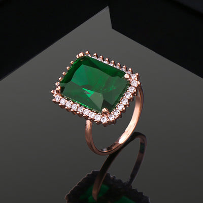 Estele Rose Gold Plated CZ Sparkling Finger Ring with Green Stones for Women