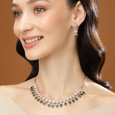 Estele Rose Gold Plated CZ Gorgeous Necklace Set with Green Crystals for Women