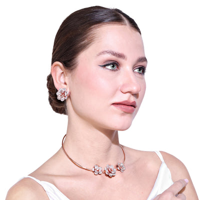 Estele Valentine Special Premium Lightweight American Diamond Floral Rose Necklace Set with Luxurious Rosegold Finish A Dazzling Gift of Eternal Love