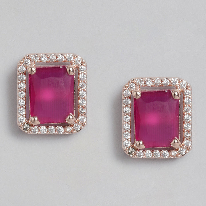 Estele Rose Gold Plated CZ Sparkling Square Designer Pendant Set with Ruby Stone for Women