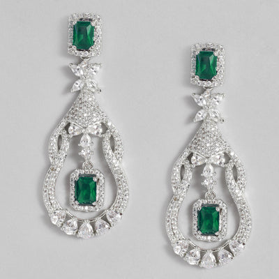 Estele Rhodium Plated CZ Scintillating Drop Earrings with Emerald Stone for Women