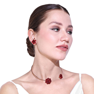 Estele Valentine Special Exclusive Lightweight Ruby Red American Diamond Rose Motif Necklace Set with Rosegold Finish A Dazzling Gift of Eternal Love