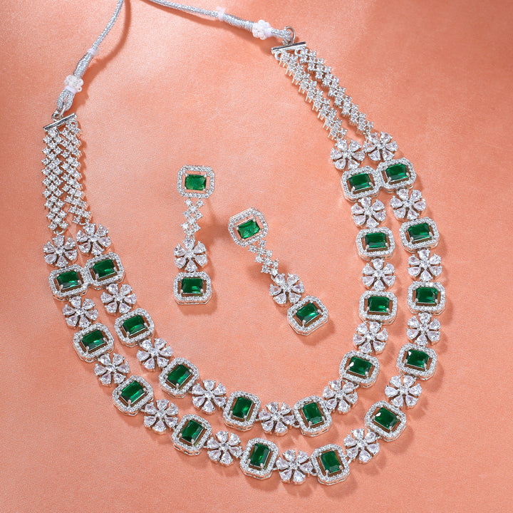 Estele Rhodium Plated CZ Dazzling Double Layered Designer Necklace Set with Green & White Crystals for Women