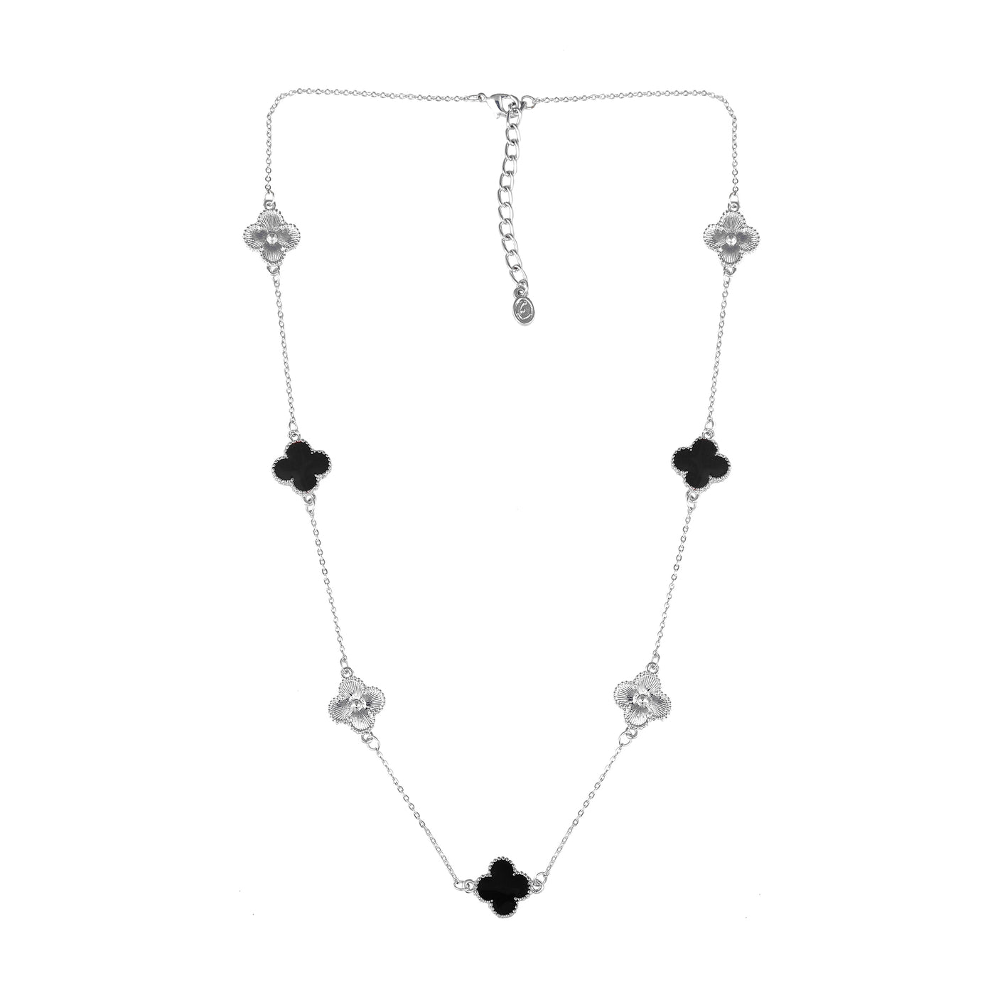 Estele Rhodium Plated Captivating Black Enamel Four Leafy Designed Long Pendant Necklace with Adjustable Chain for Women and Girls