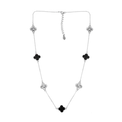 Estele Rhodium Plated Captivating Black Enamel Four Leafy Designed Long Pendant Necklace with Adjustable Chain for Women and Girls