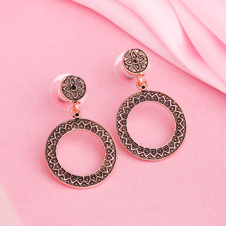 Estele Rose Gold Plated Round Patterned Drop Earrings for Women