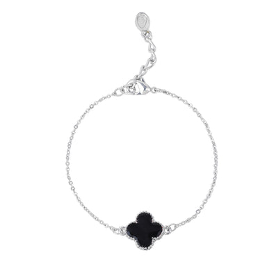 Estele Rhodium Plated Latest Trendy Single Black Clover Leaf Designer Adjustable Bracelet for Girls and Women