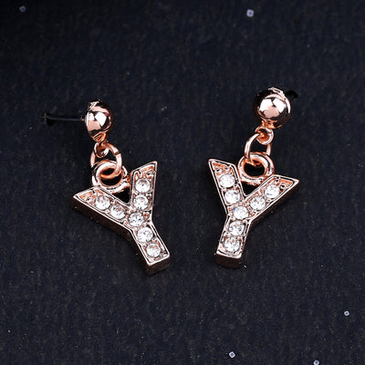 Estele Rose Gold Plated Magnificent Medium 'Y' Letter Earrings with Crystals for Women