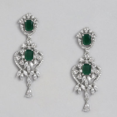 Estele Rhodium Plated CZ Magnificent Designer Necklace Set with Emerald Stones for Women