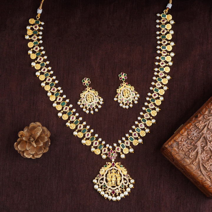 Estele Gold Plated CZ Divine Ram Parivar Designer Bridal Pearls Necklace Set for Women