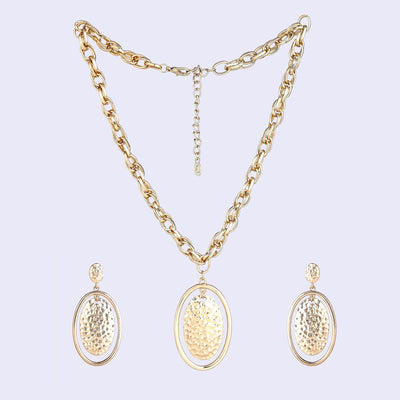 Estele Gold Tone Dual Oval Design Beaten Gold Necklace Set for Women