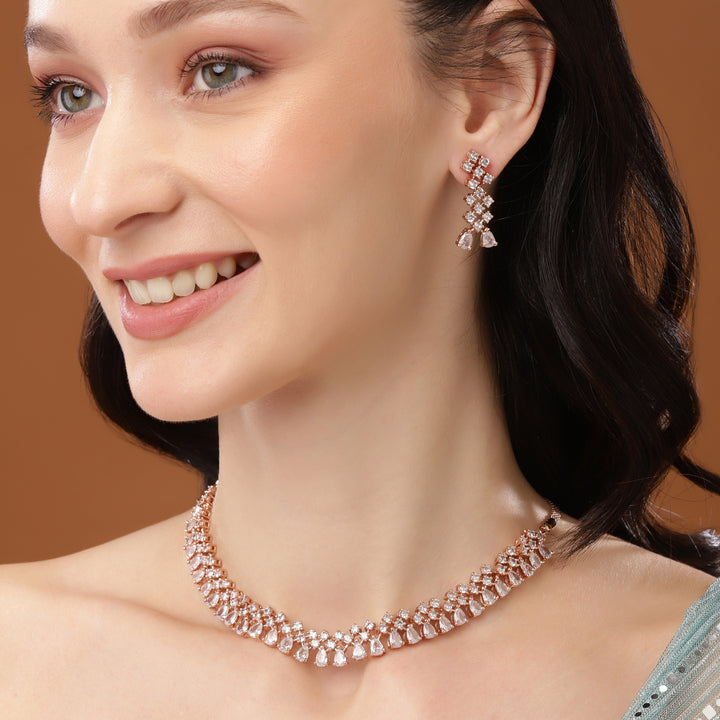 Estele Rose Gold Plated CZ Shimmering Necklace Set for Women