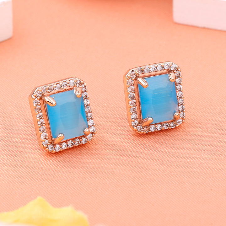 Estele Rose Gold Plated CZ Square Designer Earrings with Mint Blue for Women