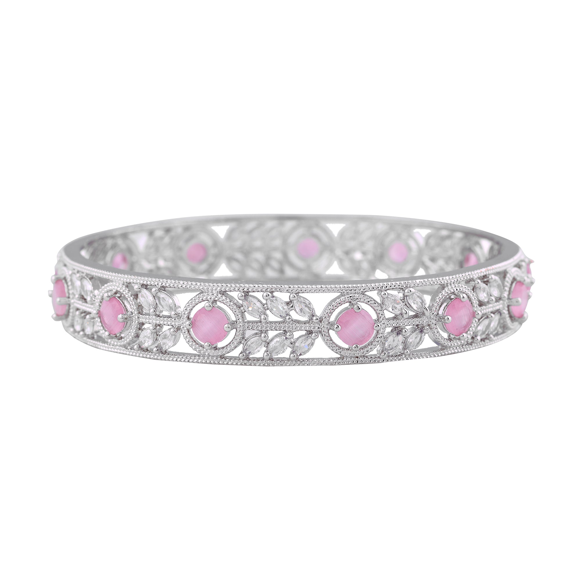 Designer Silver Finish Bangles for Women|Mint Pink CZ Look