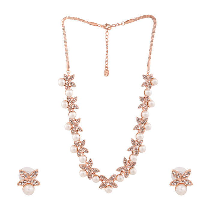Estele Rose Gold Plated Flower Designer Necklace Set with Crystals for Women