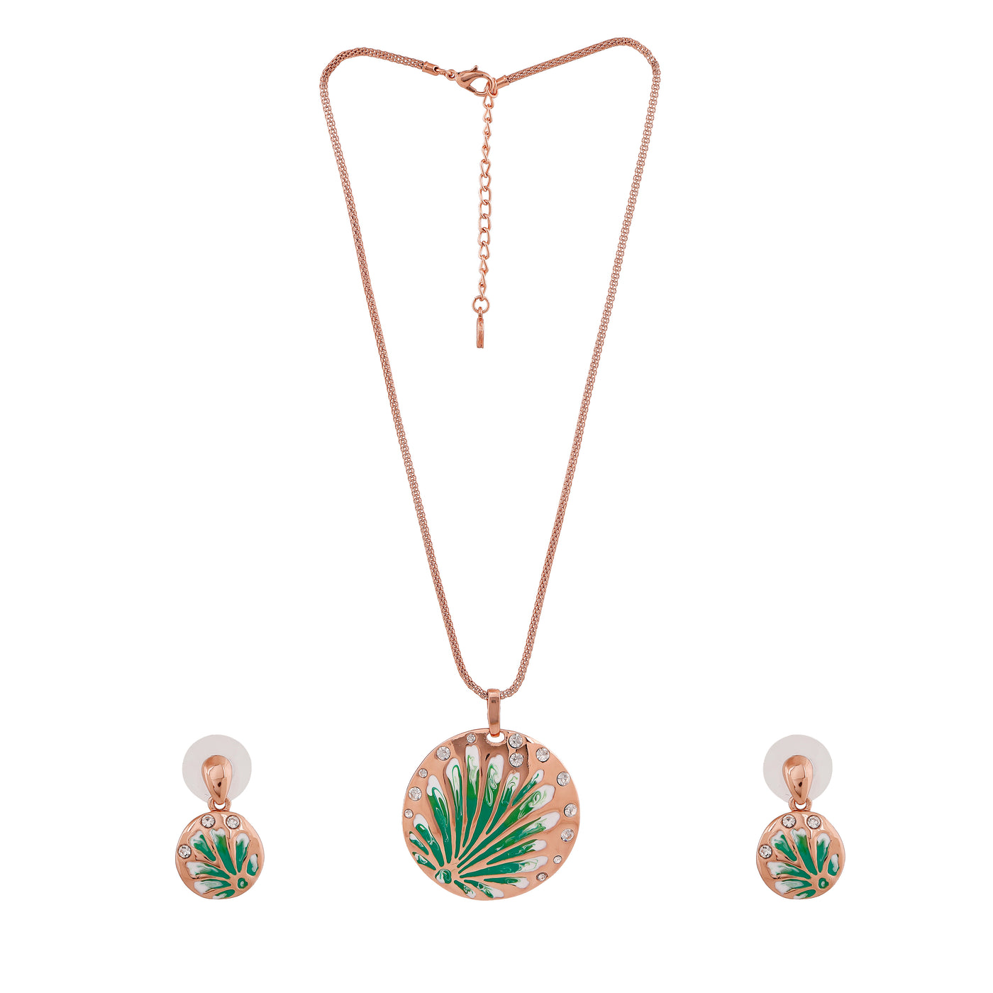 Estele Rose Gold Plated Stylish Circular Necklace Set with Green Enamel for Women